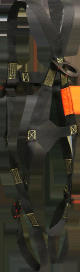 The French Creek Arc Flash Full Body Harness AF630-DE, crafted by French Creek Production, is a black safety harness that features yellow stitching, orange padding, adjustable straps, and metal buckles. It is specifically designed for fall protection during climbing or construction work.