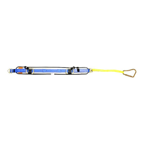 Introducing the French Creek Pacmule Firefighter Belt GL4107FB-18 by French Creek Production—an essential blue safety lanyard equipped with metal rings and buckles. It features a yellow strap with a carabiner clip, offering excellent fall protection. This belt's design ensures secure fastening in various safety applications, making it an ideal choice for a reliable firefighter escape belt.
