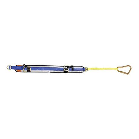 The French Creek Pacmule Firefighter Belt QL4109FB-18 by French Creek Production is a lightweight, adjustable industrial safety harness in blue and yellow with metal loops and buckles. It is designed for fall protection and complies with NFPA standards as a firefighter escape belt.