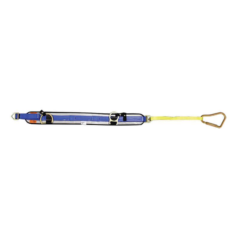 The French Creek Pacmule Firefighter Belt QL4109FB-18 by French Creek Production includes a blue, lightweight adjustable belt with yellow straps and is equipped with metal buckles and hooks for securely fastening the wearer.