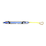 The French Creek Pacmule Firefighter Belt QN4107FB by French Creek Production is a blue safety harness featuring metal rings and clips, connected to a yellow strap that includes a large metal hook at the end. This belt guarantees secure attachment for safety applications, providing dependable fall protection.