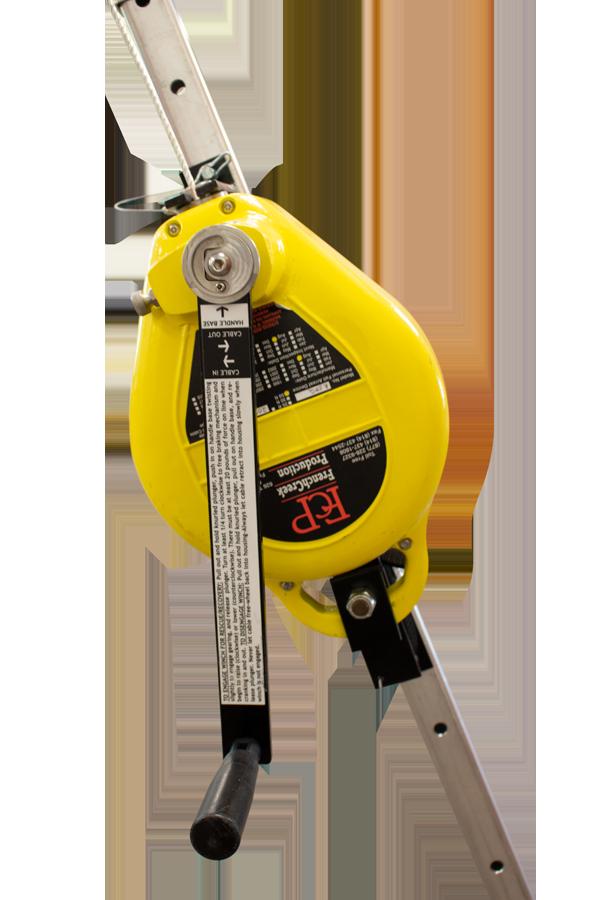 A close-up of the French Creek R50 Series 3-Way Rescue SRL, with its distinctive yellow design and a black label with red lettering, highlights its crucial function in fall protection. Resembling a self-retracting lifeline from French Creek Production, this winch is equipped with a crank handle and metal arm for effective operation.