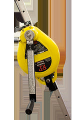 Close-up of the yellow French Creek R50 Series 3-Way Rescue SRL R50, featuring a black label displaying the brand French Creek Production. Equipped with a sturdy metal handle, it's mounted on a metallic structure, making it an essential rescue device in fall protection setups.