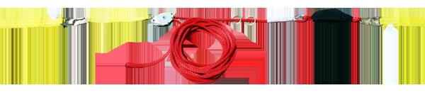 A French Creek Production RHLD Synthetic Rope Horizontal Lifeline System, featuring a red coiled rope with metal clips on each end, lying on a flat surface, ideal for use in horizontal lifeline systems.