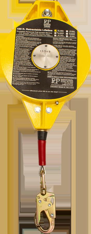 A French Creek Production RL Series 100 FT Self-Retracting Lifeline RL100 in yellow, featuring a steel hook at the bottom. It comes with a label displaying technical specifications and safety guidelines, adhering to ANSI Z359.1 standards for fall protection.