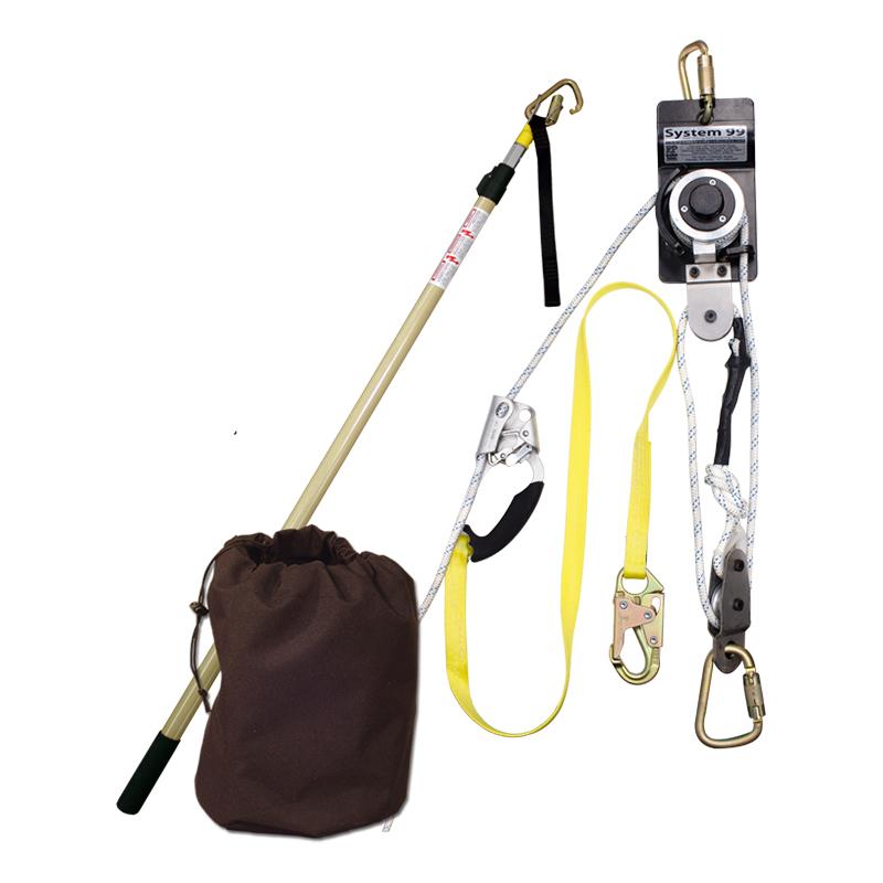 The French Creek Production Remote Prompt Rescue Kit RPR is an all-inclusive safety rescue system that includes a pole, rope, carabiners, and a brown carrying bag. Tailored for emergency rescues, it incorporates a 3:1 pulley system with mechanical advantage and secure clips for versatile use in various rescue and recovery situations.