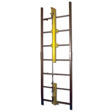 The French Creek Vertical Flexible Cable Climbing System by French Creek Production is a vertical brown metal ladder with evenly spaced rungs, a central yellow safety locking mechanism, and a flexible cable running through its center.