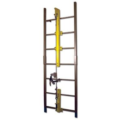 The French Creek Vertical Flexible Cable Climbing System by French Creek Production features metal side rails, evenly spaced rungs, and two yellow security locks for safe, stable ascent.