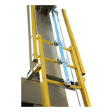 A close-up of the French Creek Vertical Flexible Cable Climbing System by French Creek Production shows bright yellow safety side rails, metal brackets, and a galvanized wire rope mounted to a building for enhanced safety.