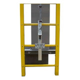 A close-up of the French Creek Production French Creek Vertical Flexible Cable Climbing System showing its yellow metal frame, central vertical plate, and galvanized wire rope with spring mechanism, as part of industrial safety equipment.