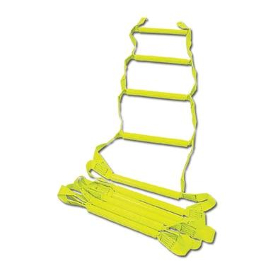 A French Creek Flexible Access Ladder WL, featuring flexible fiberglass rungs in yellow, is laid out on the ground. Another ladder from French Creek Production, designed with carabiners for easy setup, is neatly folded and placed alongside it.