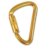 A gold triangular carabiner with a locking mechanism, ideal for climbing and securing gear, pairs seamlessly with French Creek Production's French Creek Flexible Access Ladders WL. Its metallic surface reflects light, showcasing its sturdy construction and functional design.