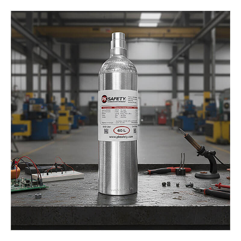A silver PK Safety BW Equivalent 4 Gas Calibration Gas Mix 60 Liter cylinder stands on a workbench in an industrial workshop, surrounded by electronic tools and components, with blurred machinery visible in the background.