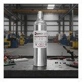 A silver PK Safety BW Equivalent 4 Gas Calibration Gas Mix 60 Liter cylinder stands on a workbench in an industrial workshop, surrounded by electronic tools and components, with blurred machinery visible in the background.