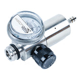 A close-up of the WatchGas Fixed Flow Regulator Stainless Steel 0.5 LPM, featuring a pressure gauge labeled “WatchGas,” a black ON/OFF flow control knob, and a nozzle attachment for precise gas flow as a fixed flow regulator.