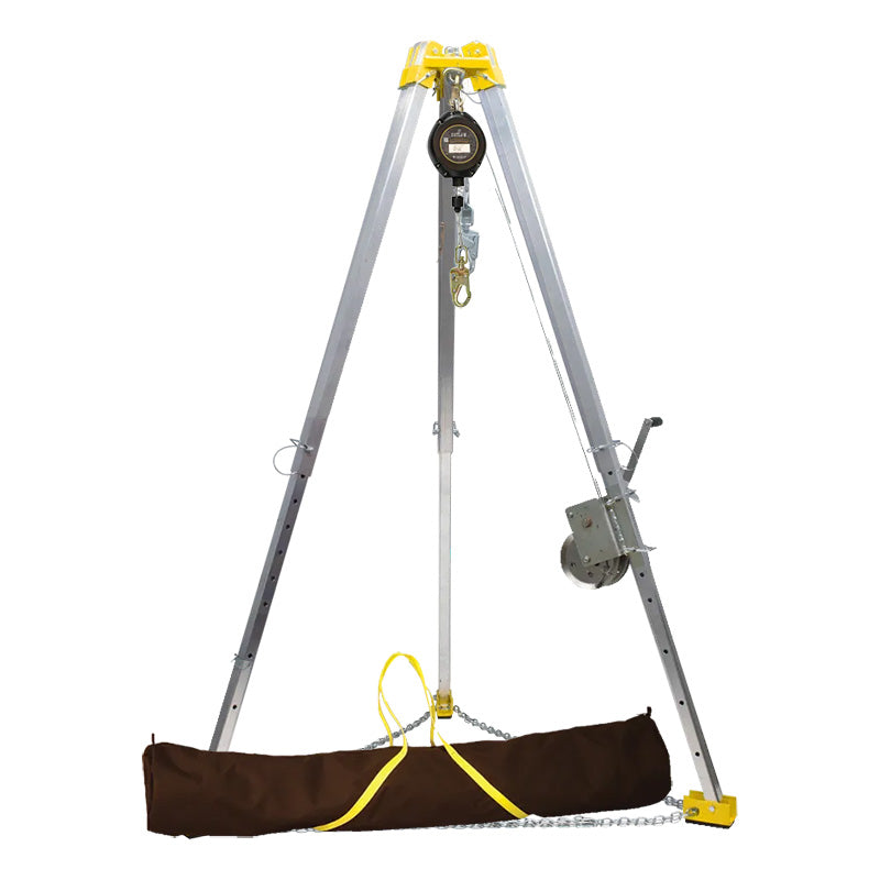 The French Creek Production CSE Rescue 7ft Tripod System is a metal rescue tripod equipped with a winch, pulleys, and a brown carrying bag attached at the base, specifically designed for confined space entry and rescue operations. This system may also be integrated with a self-retracting lifeline from French Creek Production to provide enhanced safety during rescue scenarios.