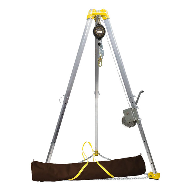 The French Creek Production CSE Rescue 7ft Tripod System is a metal rescue tripod equipped with a winch, pulleys, and a brown carrying bag attached at the base, specifically designed for confined space entry and rescue operations. This system may also be integrated with a self-retracting lifeline from French Creek Production to provide enhanced safety during rescue scenarios.