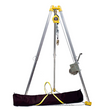 The French Creek Production CSE Rescue 7ft Tripod System features three silver legs, yellow components at the top and winch, a pulley and winch mechanism, and stands over a black carrying bag with yellow handles.