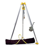 The French Creek Production CSE Rescue 7ft Tripod System features three silver legs, yellow components at the top and winch, a pulley and winch mechanism, and stands over a black carrying bag with yellow handles.