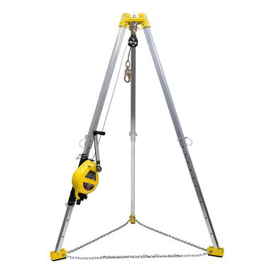 The French Creek 9' Tripod Rescue System by French Creek Production features a yellow and silver aluminum design with a pulley system and chains, perfect for lifting or supporting objects. Ideal as a confined space tripod, it boasts sturdy metal legs and various attachment points for enhanced versatility, with the yellow section positioned on the left.