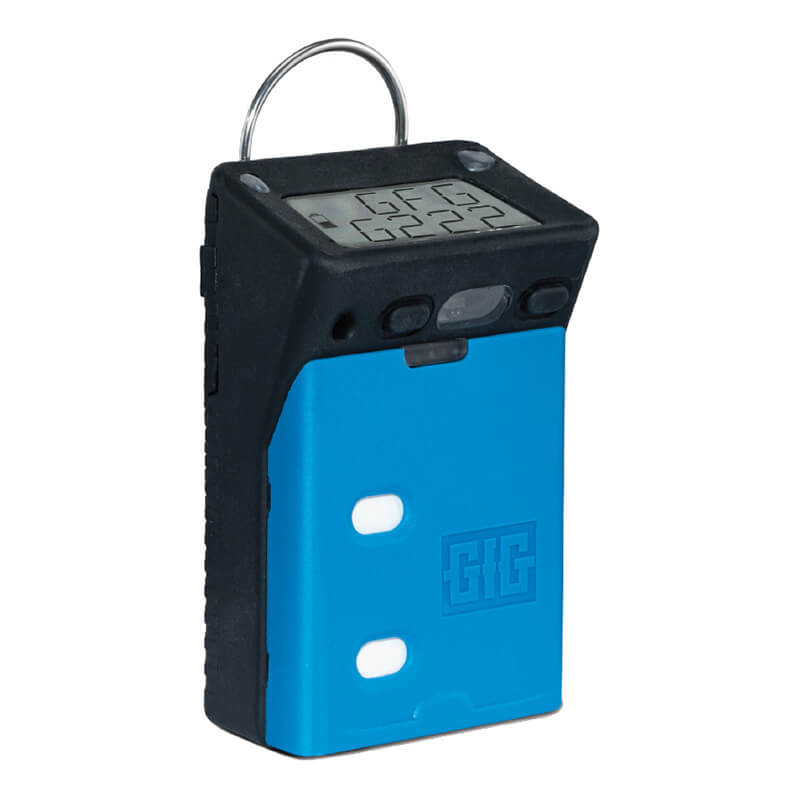The GfG G222E Micro 5 SO2 Single Gas Detector G222E-1000 from GfG is an ATEX-approved, compact electronic device featuring a blue lower section, a small display screen on top, two buttons, and a keyring loop attached at the top.