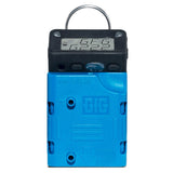 The GfG G222E Micro 5 CO Single Gas Detector by GfG is an ATEX-approved handheld electronic device with a black top housing an LCD screen and control buttons, and a blue bottom section featuring arrow symbols and “GIG” embossed on it. It is ideal for use as a CO single gas detector in confined space environments.