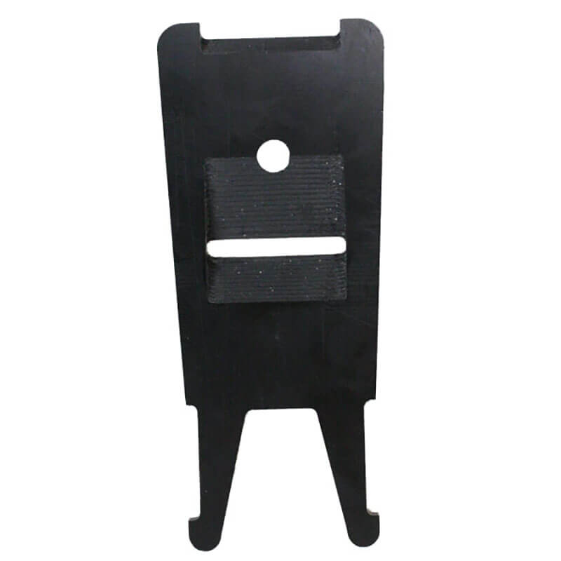 The BW Hard Hat Clip GA-HC-1 by PK Safety Supply is a black, flat tool that includes a rectangular top with a circular hole and horizontal slot. It features two prongs at the bottom and has a textured surface, designed as a hands-free accessory for secure functionality.