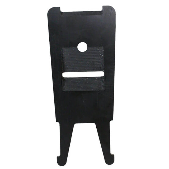 The BW Hard Hat Clip GA-HC-1 by PK Safety Supply is a black, flat tool that includes a rectangular top with a circular hole and horizontal slot. It features two prongs at the bottom and has a textured surface, designed as a hands-free accessory for secure functionality.
