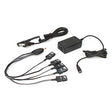 The BW GasAlert 5 Unit Charging Assembly GA-PA-1-MC5-NA by BW Technologies includes a black adapter, power cord with plug, and cable splitter with four connectors. Components are organized on a white background for easy identification and are ideal for use with BW GasAlert devices.