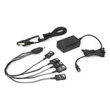 The BW GasAlert 5 Unit Charging Assembly GA-PA-1-MC5-NA by BW Technologies includes a black adapter, power cord with plug, and cable splitter with four connectors. Components are organized on a white background for easy identification and are ideal for use with BW GasAlert devices.