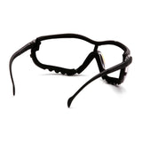 A pair of Pyramex Safety V2G Goggles GB18_0ST (12/box) sports safety glasses with wraparound arms and foam padding inside the frame, shown from a rear angle.