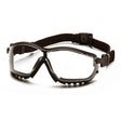 The Pyramex V2G Goggles GB18_0ST from Pyramex Safety are designed for protective use, featuring clear lenses and an adjustable strap in a black frame. These goggles include a durable structure with ventilation openings along the edges and provide UV protection for enhanced safety.