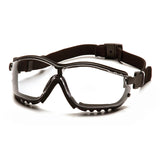 The Pyramex V2G Goggles GB18_0ST from Pyramex Safety are designed for protective use, featuring clear lenses and an adjustable strap in a black frame. These goggles include a durable structure with ventilation openings along the edges and provide UV protection for enhanced safety.