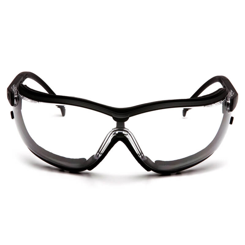 Pyramex V2G Goggles GB18_0ST by Pyramex Safety feature clear, wraparound anti-fog lenses, a black frame, and sturdy side arms for reliable eye protection in industrial or laboratory settings. Sold 12 per box.