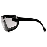 Side view of Pyramex V2G Goggles GB18_0ST by Pyramex Safety—black safety goggles with clear anti-fog lenses and thick, curved arms for enhanced eye protection. Ships in boxes of 12.