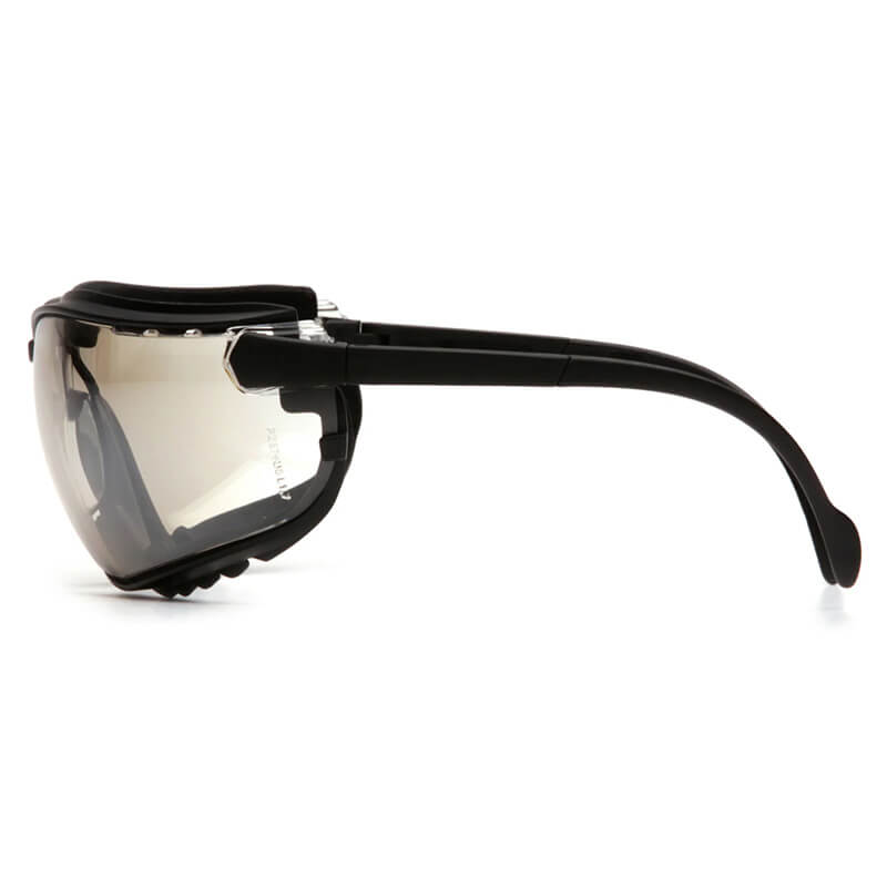 Side view of Pyramex V2G Goggles GB18_0ST by Pyramex Safety—black safety glasses with clear, slightly tinted lenses and thick frames, designed for advanced eye protection against debris and hazards.