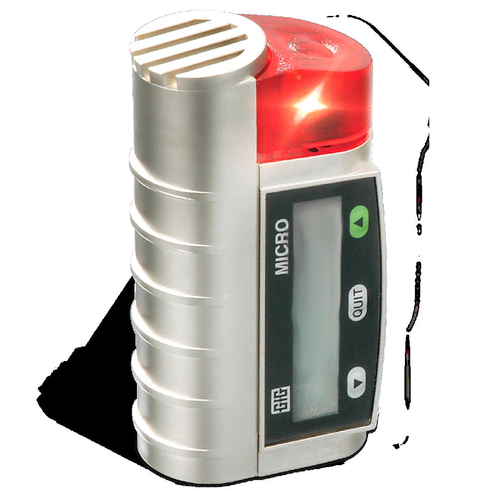 The GfG Micro IV O2 Single Gas Detector 1418-022 is a sleek electronic device with a cylindrical silver body and a red, rounded top. It includes features like automatic calibration and a digital screen displaying "MICRO," along with buttons labeled "QUIT" and directional arrows. Benefit from its lifetime warranty for peace of mind.