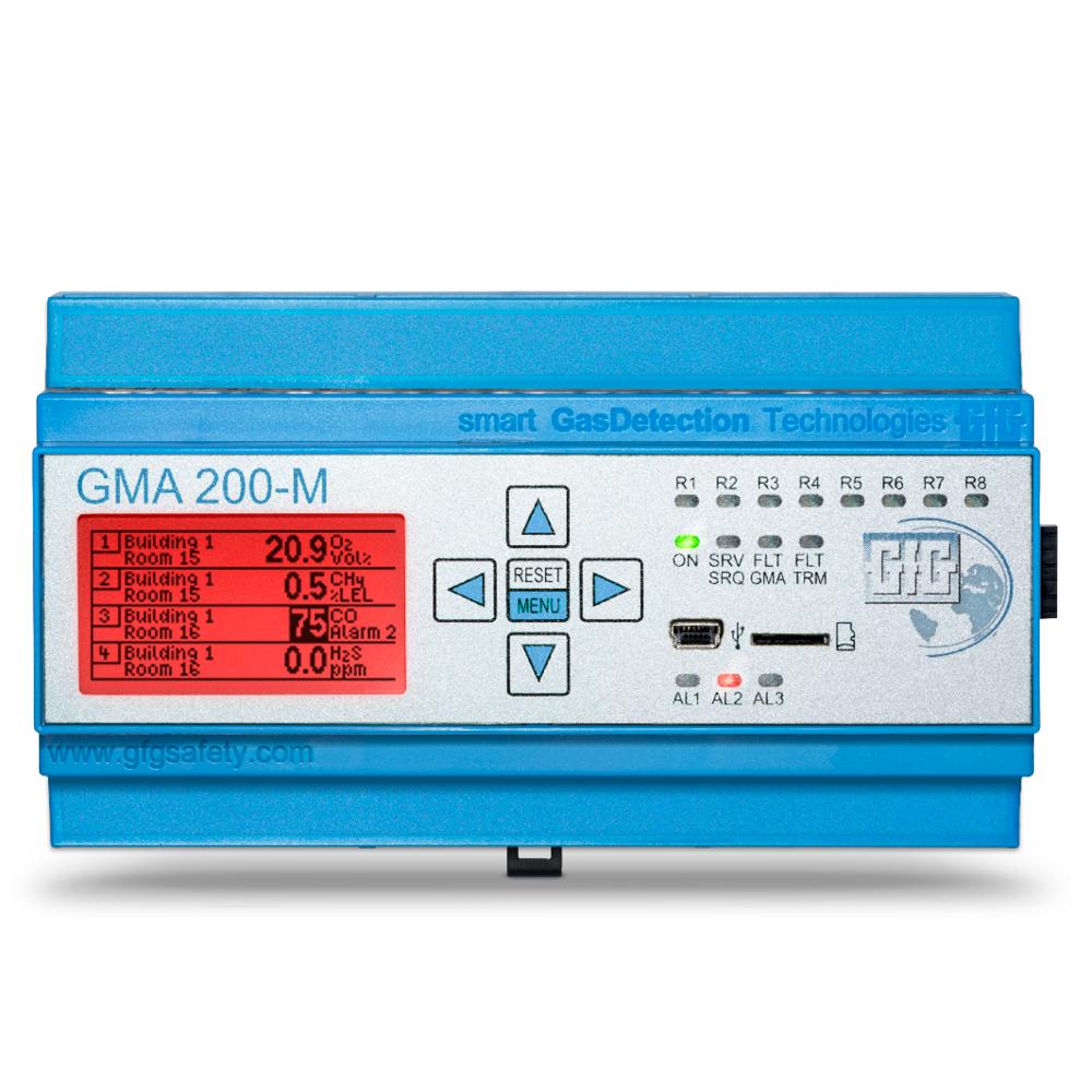 The GfG GMA200 Series Fixed Controller 200MT- in blue, compliant with ATEX Directive 94/9/EC, displays readings for Building 1 and Room 1: 20.9%, 0.5, 75.0, and 0.0 on its screen. Featuring various buttons and ports, this versatile gas transmitter from GfG ensures safety with precision technology.