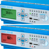 Close-up of a GfG GMA200 Series Fixed Controller 200MT, compliant with ATEX Directive 94/9/EC. The top display reads "Building 1 Room 15" with a voltage of 20.9 volts. The bottom display, featuring a red screen, shows "75 CO ppm" labeled as "Alarm 2." Visible buttons and status LEDs are also present.