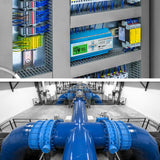 The top image features the GfG GMA200 Series Fixed Controller (model 200MT-) by GfG, showcasing a complex electrical control panel with intricately wired gas transmitters. Below, the blue industrial pipe system extends across a state-of-the-art facility, adhering to the ATEX Directive 94/9/EC.