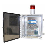 The GfG GMA200 Series Fixed Controller 200MT- electrical control panel enclosure features various wires connected to a digital display module, incorporating the GfG gas transmitter. A red warning light is installed on top of the enclosure, and its transparent door offers a clear view of the internal components, ensuring compliance with ATEX Directive 94/9/EC.