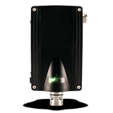 The GfG CC28 CH4 Fixed Transmitter 280-09-00 by GfG, a black rectangular electronic device with metallic screws and connectors on the sides, features a small, illuminated green indicator light near the bottom and integrates smart sensor technology for enhanced functionality. It is set against a plain white background.