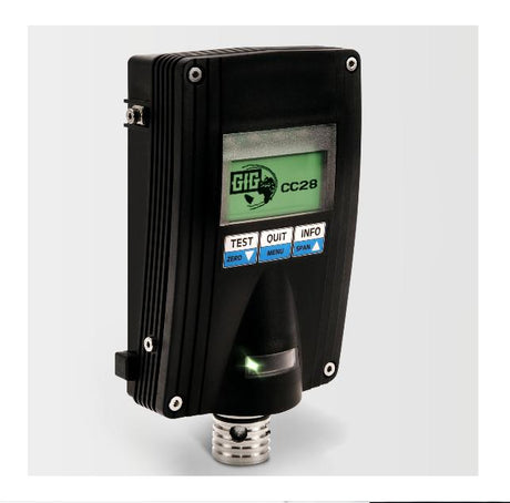 The GfG CC28 CH4 Fixed Transmitter 280-09-00 is a black industrial device featuring smart sensor technology with a digital display reading "CC28" and buttons labeled "Test," "Out," and "Info." Smaller buttons for "Zero," "Menu," and "Span" are lined along the bottom, with an explosion-proof connector protruding from the base.