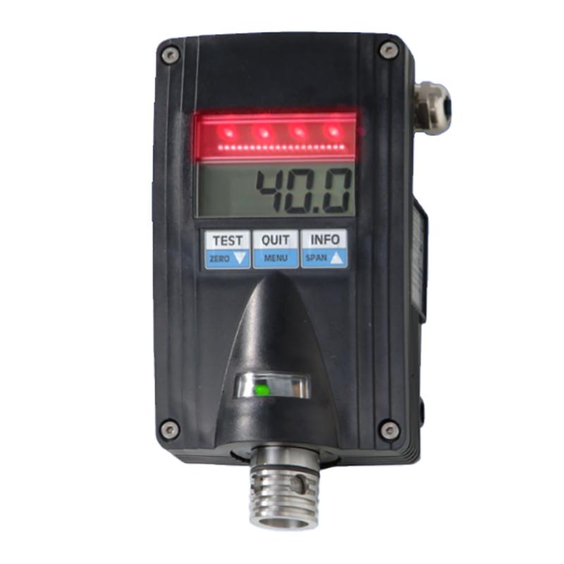 The GfG CC28 CH4 Fixed Transmitter 280-09-00 in black utilizes smart sensor technology with a display that reads "40.0." It features a red LED indicator and buttons labeled "TEST," "QUIT," and "MENU." Its explosion-proof design is enhanced by a metallic connector at the bottom, ensuring safety and efficiency.