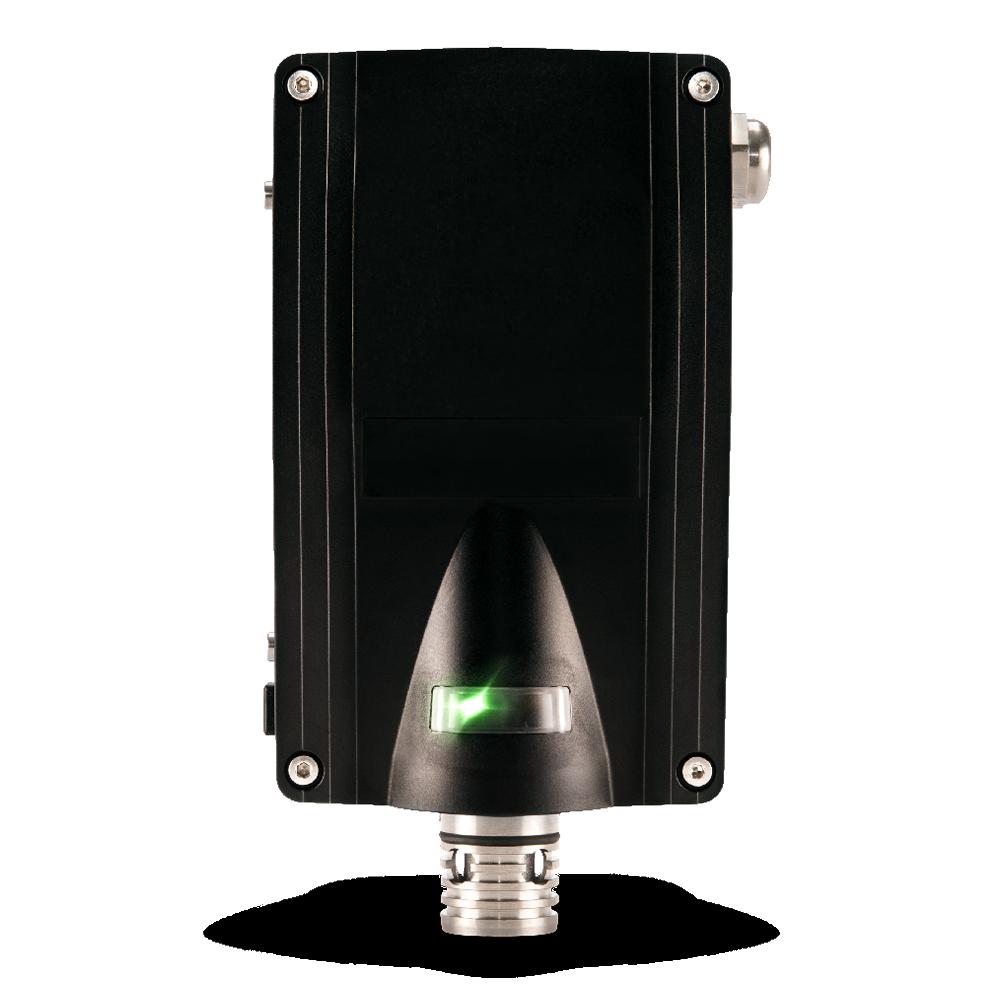 The GfG CC28 CH4 Fixed Transmitter 280-09-00 by GfG is a black rectangular electronic device with a sleek design, featuring a small illuminated green light near the bottom. It includes smart sensor technology, has several screws along the edges, and has a silver connector at the top.