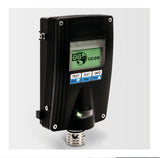 The GfG CC28 CH4 Fixed Transmitter 280-09-00 features smart sensor technology on a black electronic device with a digital screen displaying "CC28." It includes buttons labeled "TEST," "OUT," and "INFO," offering a rugged, explosion-proof design, while its functionality is enhanced by a connection port at the bottom.