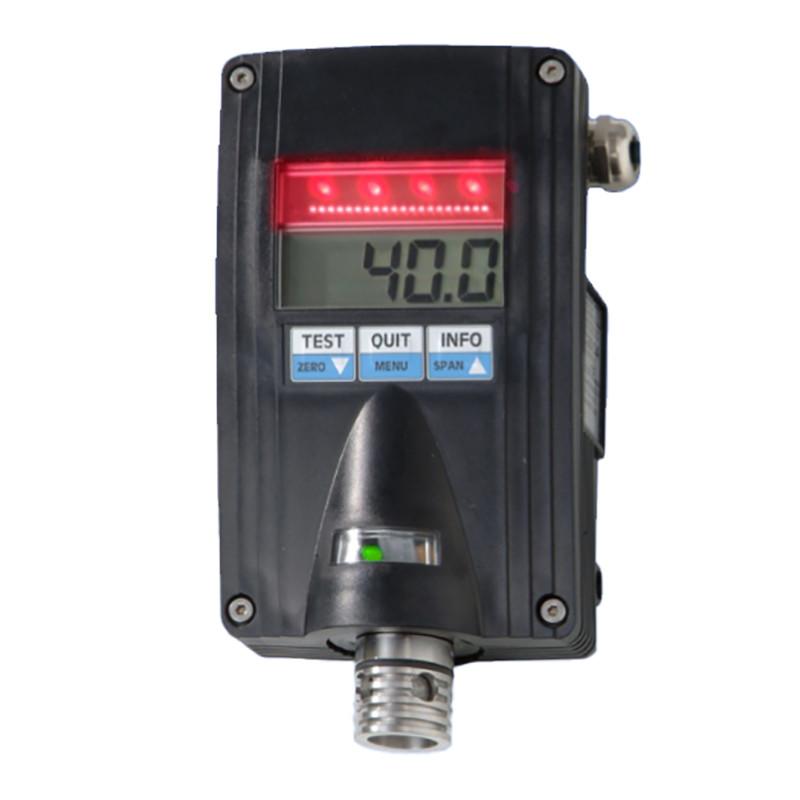 A GfG CC28 CH4 Fixed Transmitter 280-09-00, a black digital gas detector with smart sensor technology, displays "40.0" next to red indicator lights above the screen. This explosion-proof device features buttons labeled TEST, QUIT, MENU, ZERO, SPAN, and INFO and includes a bottom nozzle for versatile use.