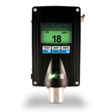 The GfG EC28 CO Fixed Transmitter 2811-707-00 is a stylish black device equipped with advanced smart sensor technology. The display screen indicates "CO 18 ppm," and it includes controls labeled Test, Zero, and Menu. There is a small green indicator light located beneath the screen, complemented by a metallic sensor at the bottom of the unit.