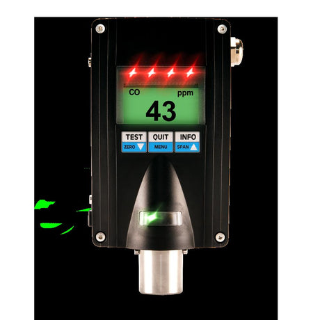 The GfG EC28 CO Fixed Transmitter 2811-707-00_, an ATEX-certified device by GfG, incorporates smart sensor technology. Its digital display reads 43 ppm on a green screen, and it includes buttons such as "TEST," "ZERO," and others. Additionally, it is equipped with red indicator lights for straightforward monitoring and effective performance.