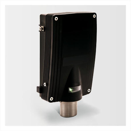 The GfG EC28 CO Fixed Transmitter 2811-707-00_ highlights its strong industrial aesthetic with its black, rectangular design and cylindrical metallic base secured by four visible screws. Positioned against a light gray backdrop, this device includes advanced smart sensor technology, making it perfect for accurate monitoring in challenging settings.